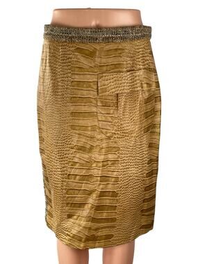 Tan Khaki Colorblock Croc-Embossed Faux Leather Vegan Pencil Mini Skirt Size 10